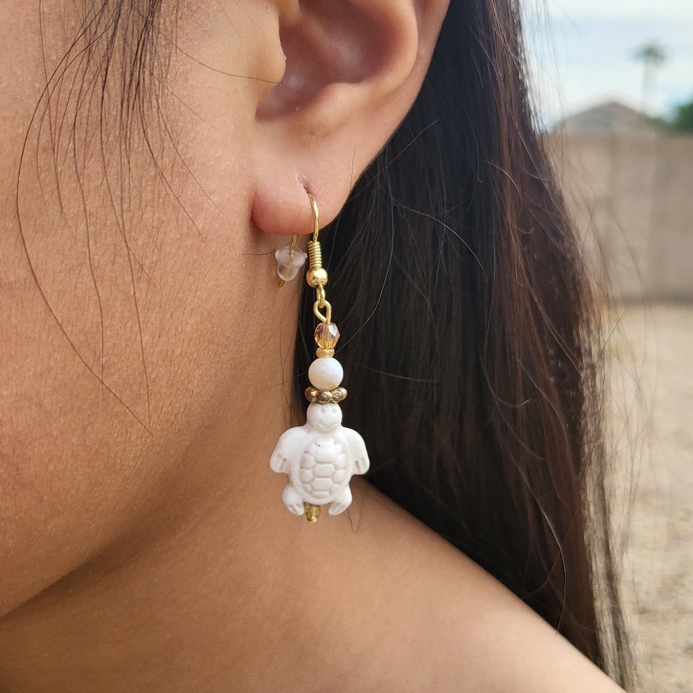 White Ceramic Turtle Dangle Earrings by Malak‎ Jewelry Handmade Gold Plated